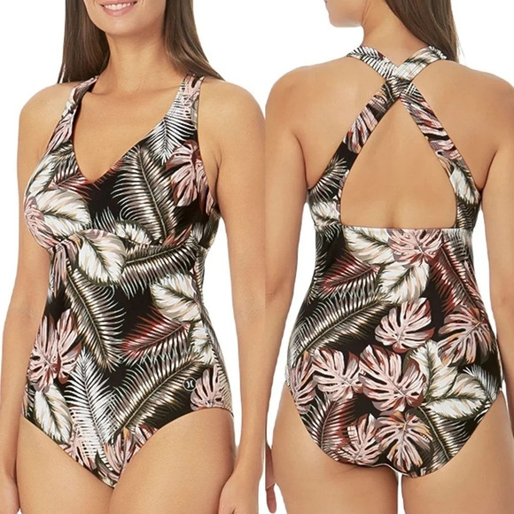 ✨NWT Hurley Black Pink Palm Tree One Piece Swimsuit Size Small - Picture 1 of 12